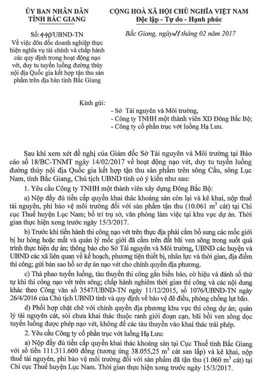 Văn bản UBND tỉnh Bắc Giang yêu cầu Công ty TNHH Đông Bắc Bộ nộp đầy đủ tiền.
