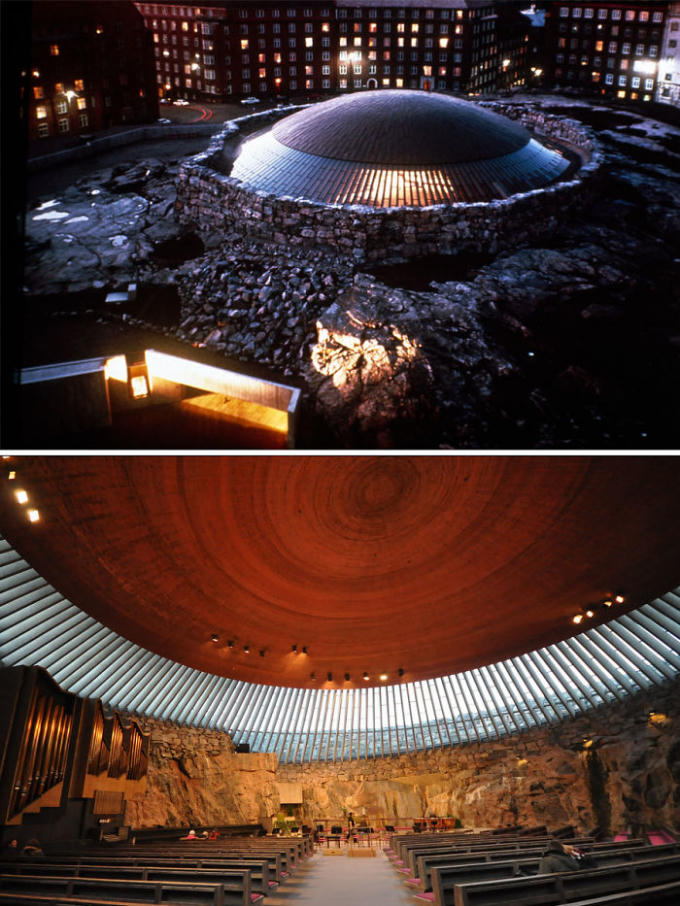 Kiến trúc độc đáo của nhà thời Giáo Hội Temppeliaukio, Helsinki, Phần Lan. Nó còn được gọi là "nhà thờ đá" vì nguyên bản là một hang động và được chạm khắc bên trong để thành một nhà thờ.
