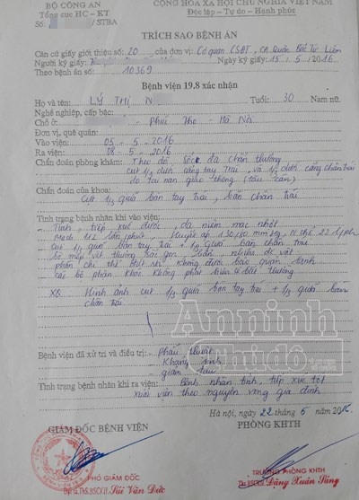 Trích sao bệnh án của chị Lý Thị N. tại Bệnh viện 19-8 Bộ Công an