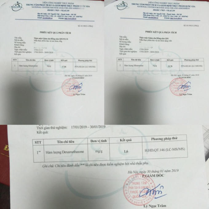 Kết quả kiểm nghiệm của Trung tâm phân tích và giám định thực phẩm Quốc gia về sản phẩm viên uống tăng và giảm cân của Công ty Hồng Sâm QM