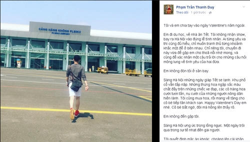 Ngày Valentine là ngày vui của các cặp tình nhân nhưng với những người cô đơn đó là ngày mà họ nhớ lại những kỉ niệm  và những nuối tiếc trong tình yêu đã qua. Valentine năm nay là ngày tròn 1 năm nam ca sĩ Thanh Duy Idol chia tay bạn gái. Tuy nhiên, không có người yêu trong ngày Valentine's chưa hẳn là điều buồn nhất. Anh đã mua hoa hồng tặng cho tiếp tân khách sạn và đi tận hưởng không khí Hà Nội.
