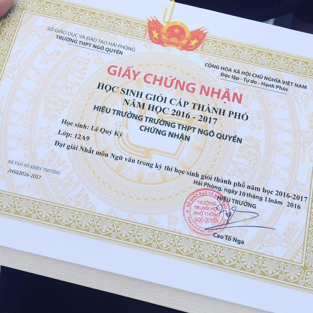 Giấy chứng nhận giải Nhất học sinh giỏi cấp thành phố môn Ngữ văn.
