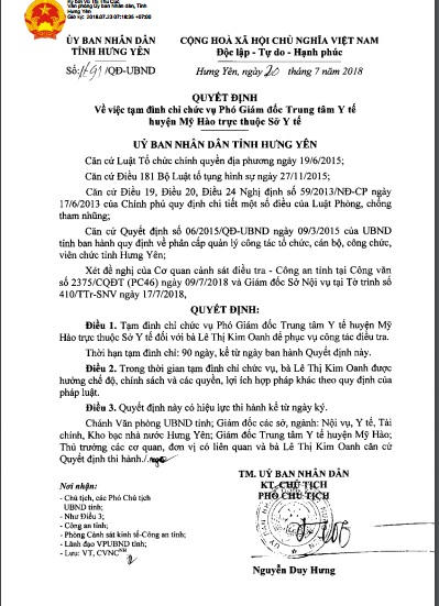 Quyết định số 91 QĐ/UBND về việc tạm đình chỉ chức vụ Phó giám đốc Trung tâm y tế Mỹ Hào đối với bà Lê Thị Kim Oanh.