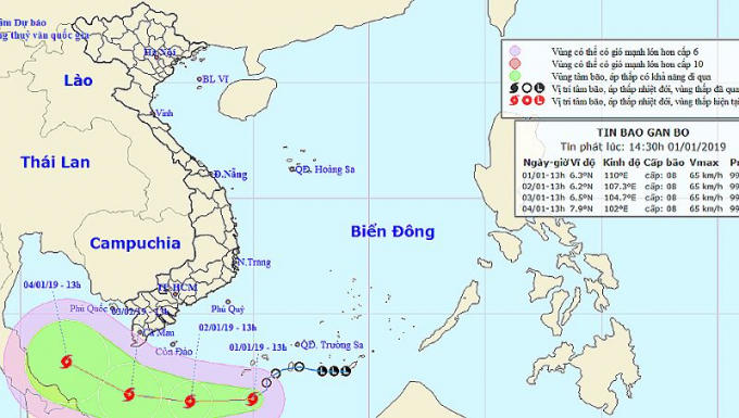 Chiều nay (1/1), áp thấp nhiệt đới trên vùng biển Tây Nam quần đảo Trường Sa mạnh lên thành bão, cơn bão số 1 năm 2019 và có tên quốc tế là PABUK. 