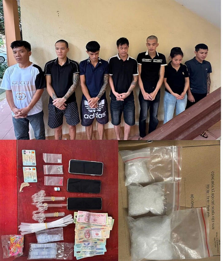 Các đối tượng trong đường dây ma túy bị bắt giữ cùng tang vật.
