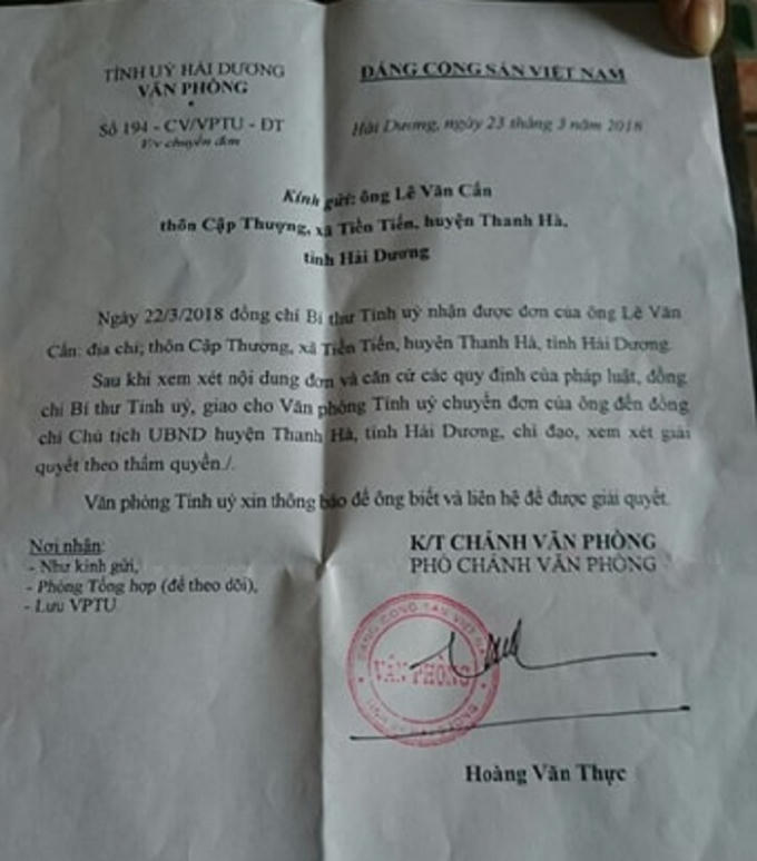 Công văn của Văn phòng tỉnh ủy Hải Dương gửi cụ Lê Văn Cấn.