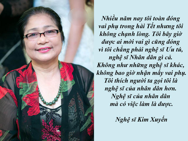 Nghệ sỹ Kim Xuyến không chạnh lòng khi 73 tuổi vẫn được giao vai phụ - Người ta gọi nghệ sĩ Kim Xuyến là “nữ hoàng vai phụ” bởi bà chuyên trị các vai mà có cũng được, không có cũng chẳng sao. Tuy nhiên, những vai của bà lại luôn mang đến cho khán giả đầy ắp tiếng cười và nét duyên riêng không ai có được.