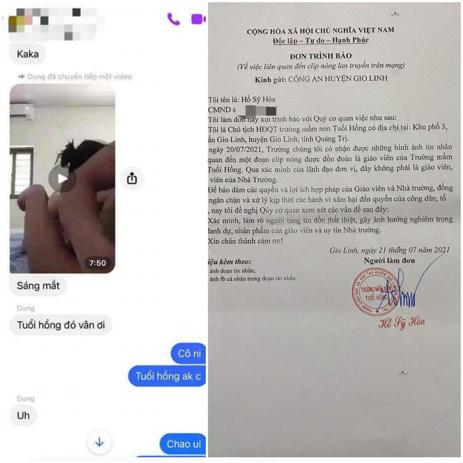Đơn trình báo của Trường Mầm non Tuổi Hồng kèm hình ảnh đoạn tin nhắn.