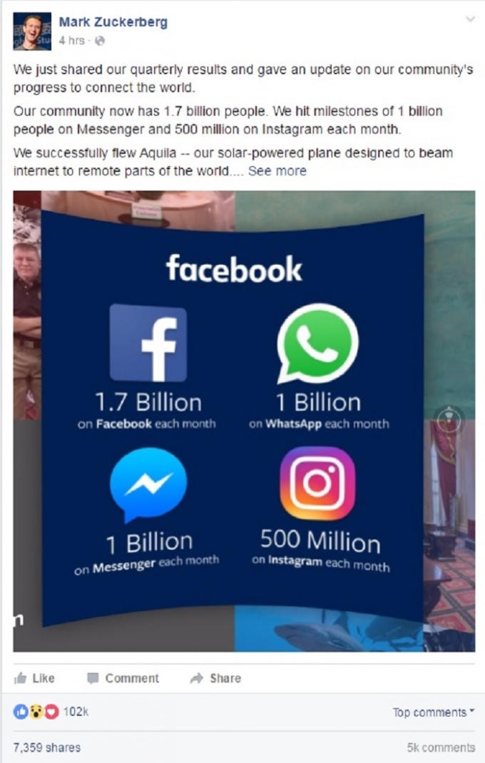 Chia sẻ trên trang cá nhân của ông chủ Facebook - Mark Zuckerberg.