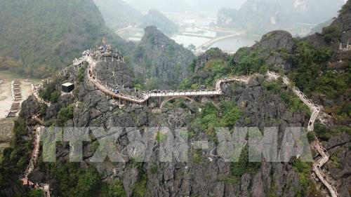 Không chỉ làm những bậc, lan can cầu thang, doanh nghiệp này còn xây dựng một chiếc cầu kiên cố bắc từ đỉnh núi này qua đỉnh núi khác để làm đường đi cho khách. Ảnh: Minh Đức - TTXVN