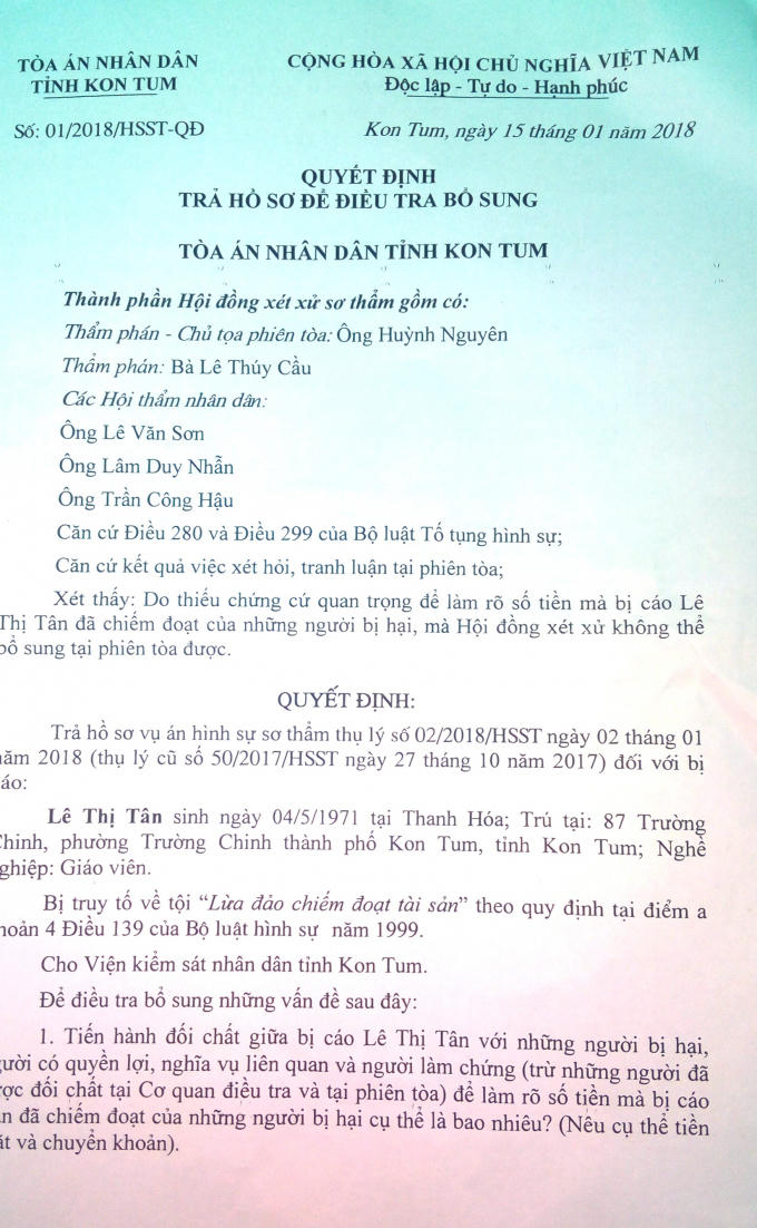 Quyết định số 01/2018/HSTT-QĐ về việc HĐXX tòa án tỉnh Kon Tum trả hồ sơ vụ án để điều tra lại.