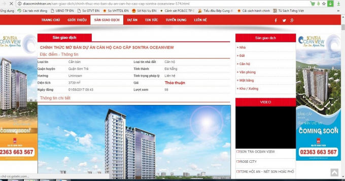 Phần chào bán dự án Sơn Trà Ocean View trên website của công ty địa ốc Minh Trần.