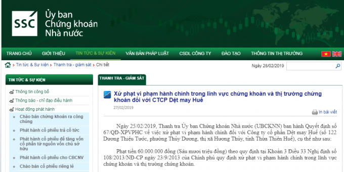 Công ty cổ phần Dệt may Huế bị xử phạt hành chính 60 triệu đồng