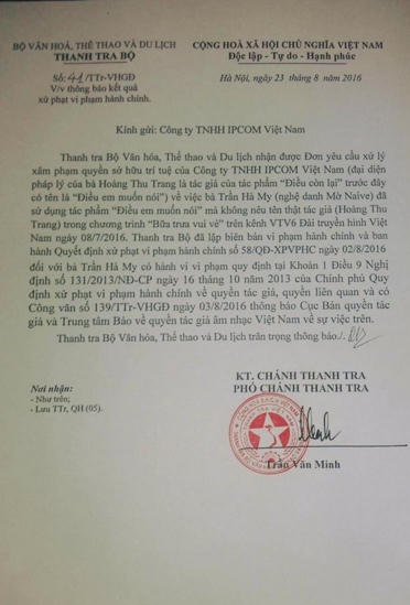 Thông báo của Thanh tra Bộ Văn Hóa, Thể thao và Du lịch.