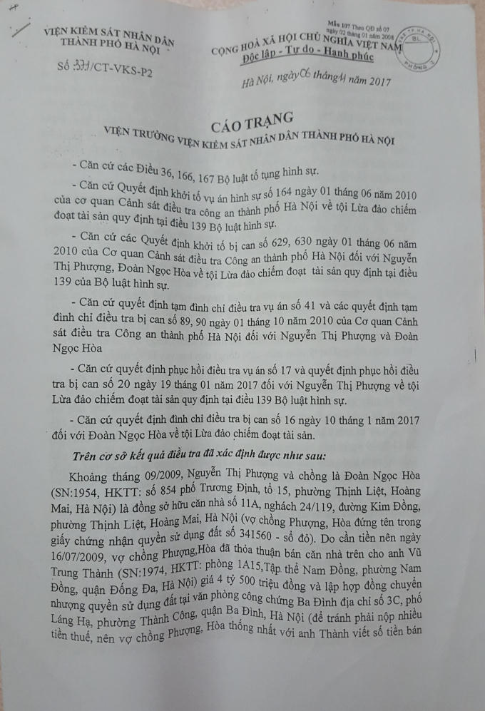 Cáo trạng của VKS Nhân dân TP Hà Nội