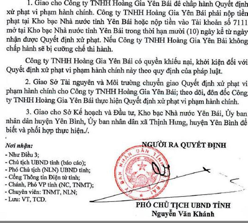 Quyết định xử phạt của UBND tỉnh Yên Bái.