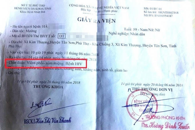 Giấy ra viện của một bệnh nhân ở xã Kim Thượng được bác sĩ tại Bệnh viện Đa khoa tỉnh Phú Thọ chẩn đoán theo dõi ung thư khoang miệng, HIV. (Ảnh: báo ĐSVN)