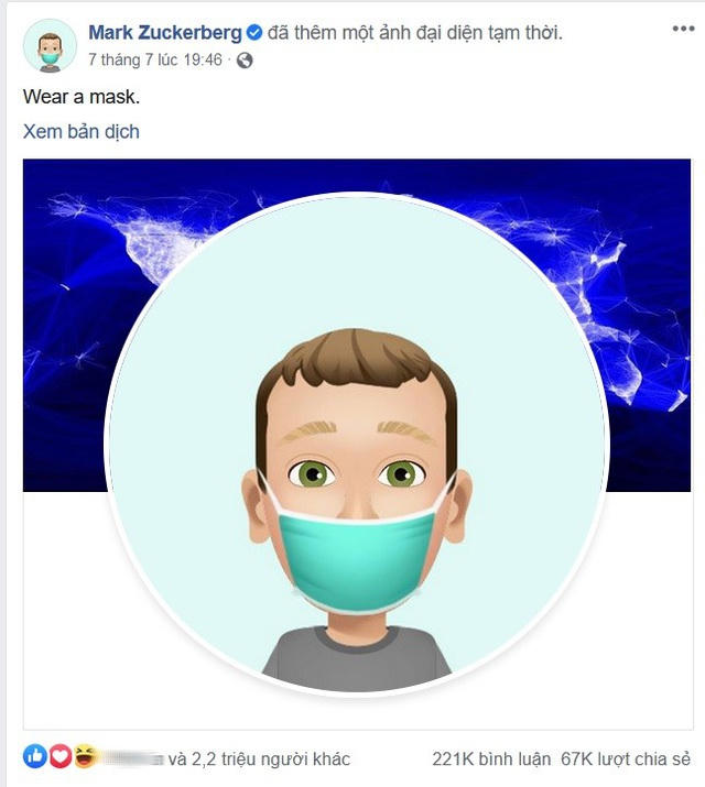Ảnh đại diện kêu gọi mang khẩu trang của Mark Zuckerberg thu hút hơn 2,2 triệu lượt bày tỏ cảm xúc