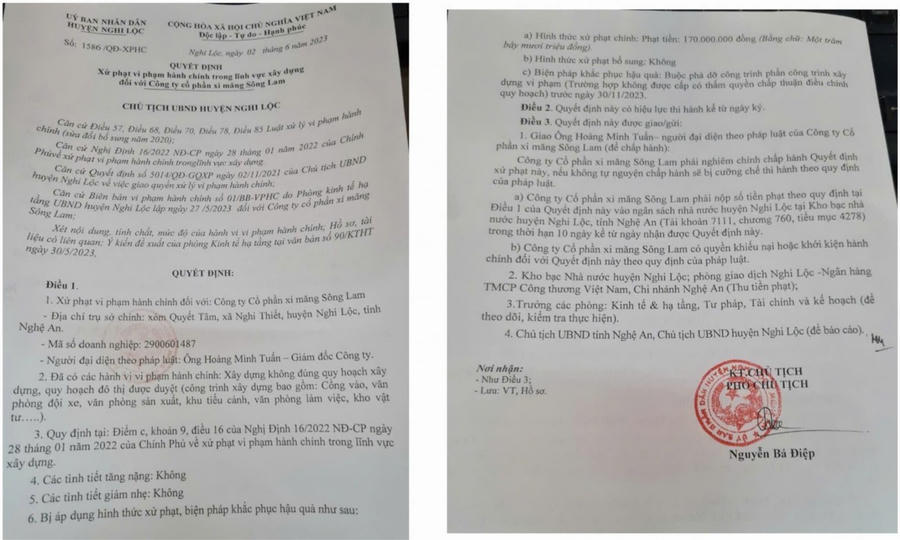 UBND huyện Nghi Lộc đề nghị Công ty CP xi măng Sông Lam tháo giỡ các công trình nếu không được cơ quan có thẩm quyền điều chỉnh trước ngày 30/11/2023