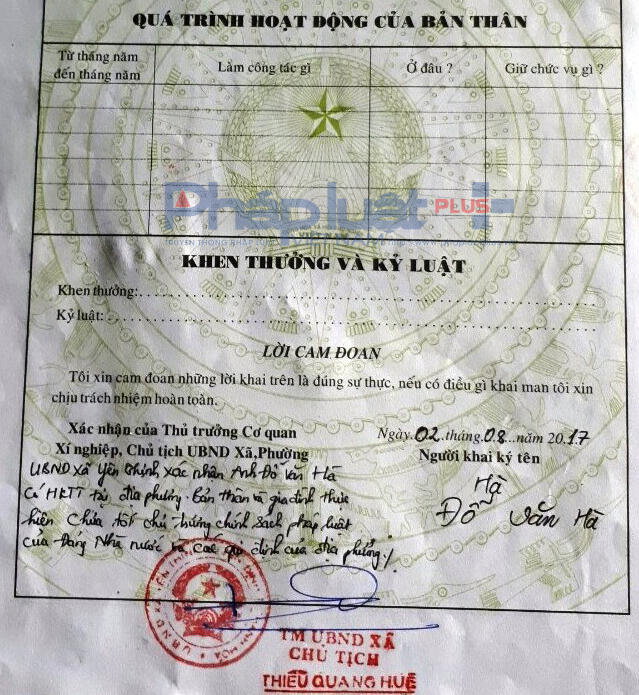 Bút phê trái quy định vào lý lịch công dân của xã Yên Thịnh