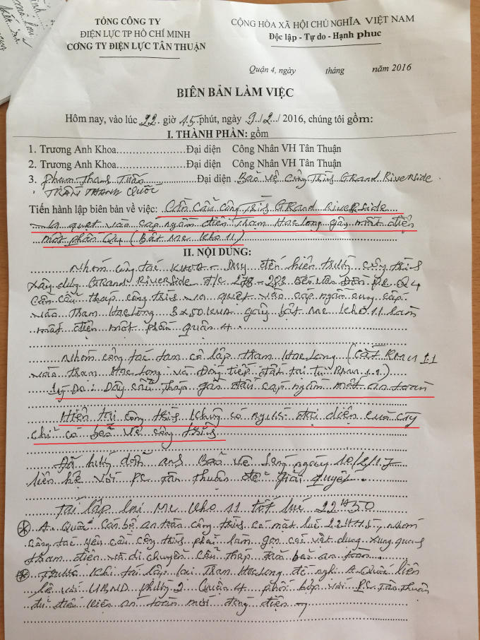 Biên bản do điện lực Tân Thuận lập về sự việc.