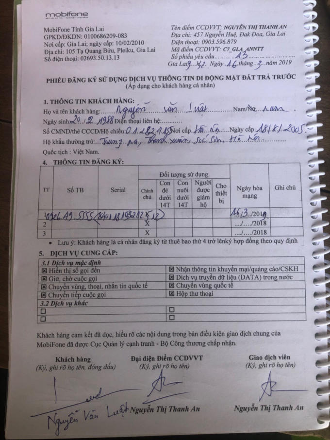 Phiếu đăng ký chuyển mạng từ Vietnamobile sang Mobifone của khách hàng.