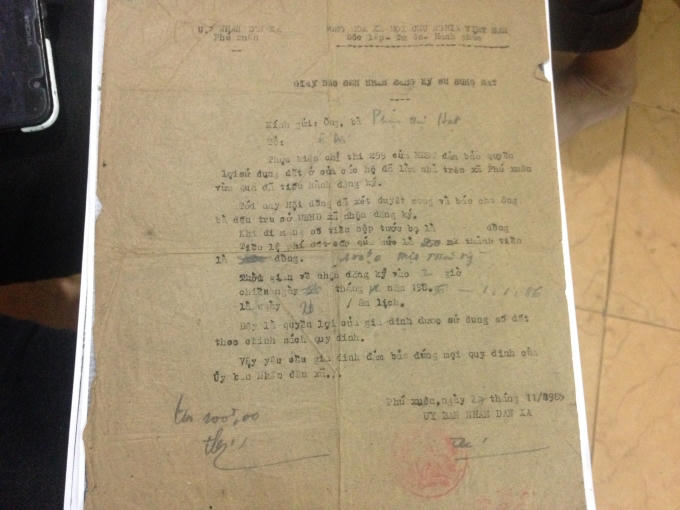 Giấy báo đến nhận đăng ký sử dụng đất của bà Phạm Thị Hạt.