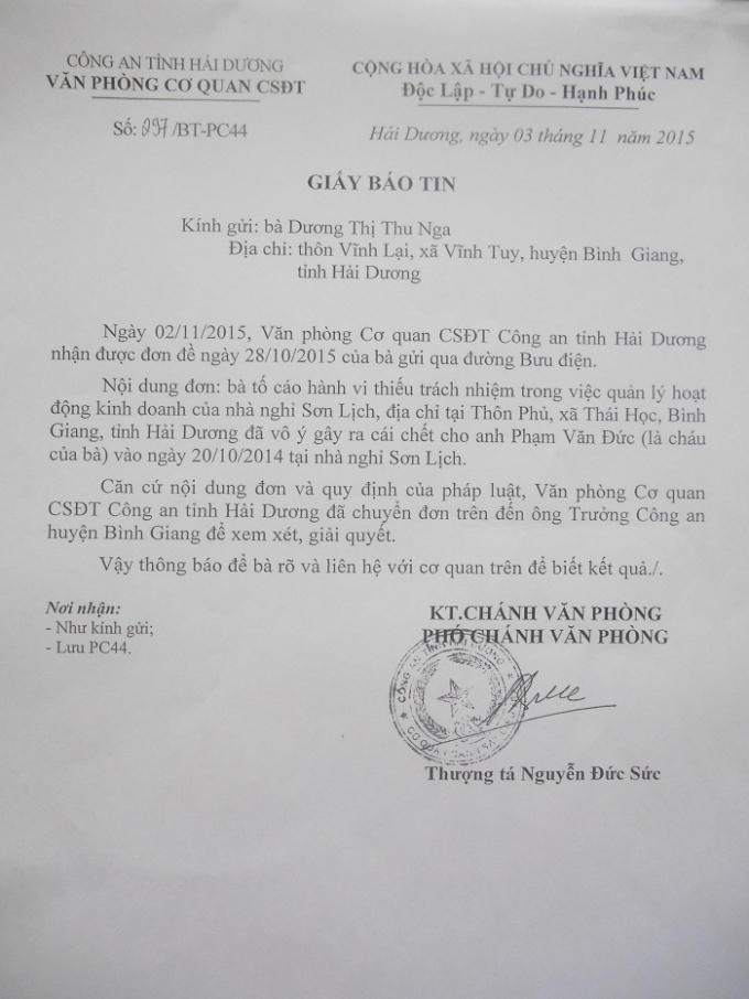 Giấy báo tin Công an tỉnh Hải Dương gửi gia đình nạn nhân Đức (Ảnh: Nguyễn Xinh)