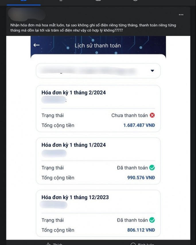 Một bài đăng trên mạng xã hội cho biết nhận được hóa đơn tiền điện cao gấp đôi các tháng trước.