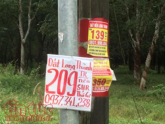 Quảng cáo bán đất được treo dọc tuyến đường 769 và các ngả đường vào những xã có dự án quy hoạch sân bay Long Thành (Đồng Nai). Ảnh: Hoàng Tuyết