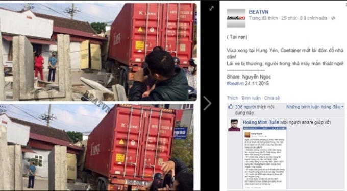 Chiếc container mất lái đâm đổ nhà dân ở Hưng Yên. Nguồn: BEATVN