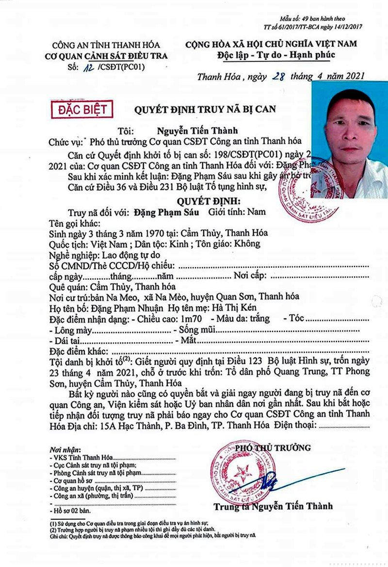 Quyết định truy nã của Cơ quan cảnh sát điều tra, Công an tỉnh Thanh Hoá.