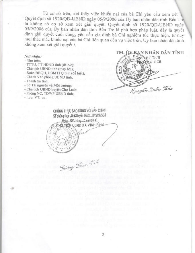 Quyết định giải quyết cuối cùng của UBND tỉnh Bến Tre.