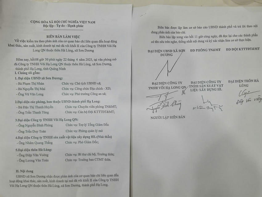 Nội dung Biên bản làm việc liên quan đến vụ việc.