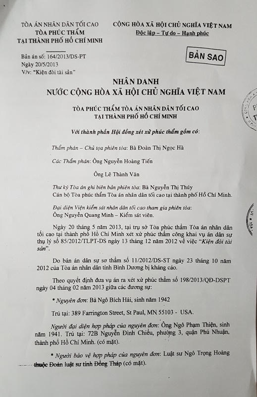 Bản án số 164/2013/DS-PT của TAND Tối cao tại TP HCM.