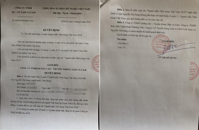 Quyết định tước danh hiệu của Thư Dung do Ban tổ chức Người mẫu Thời trang Việt Nam 2018 ký ngày 6/9.