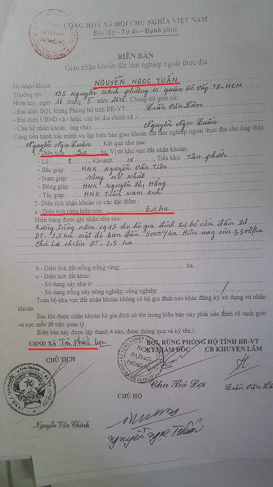 Biên bản giao khoán rừng cho một số hộ dân.