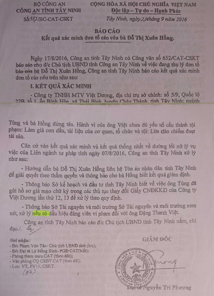 Báo cáo xác minh của Công an tỉnh Tây Ninh