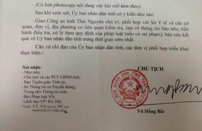 Văn bản chỉ đạo của UBND tỉnh Thái Nguyên