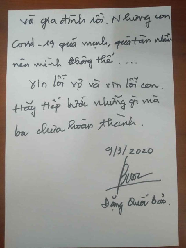 Lời xin lỗi vợ và con trước của Đặng Quốc Bảo khi viết từ vùng