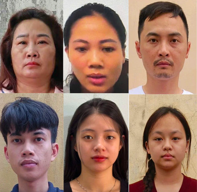 Từ trên xuống dưới, từ trái qua phải các bị can: Thơ, Hạnh, Hiến, Minh, Thương, Hiền (Ảnh: Công an Quảng Ninh).