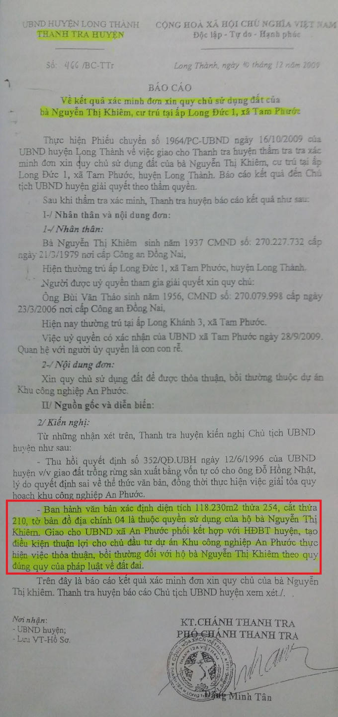 Báo cáo số 466/BC-TTr ngày 10/12/2009 của Thanh tra huyện Long Thành.
