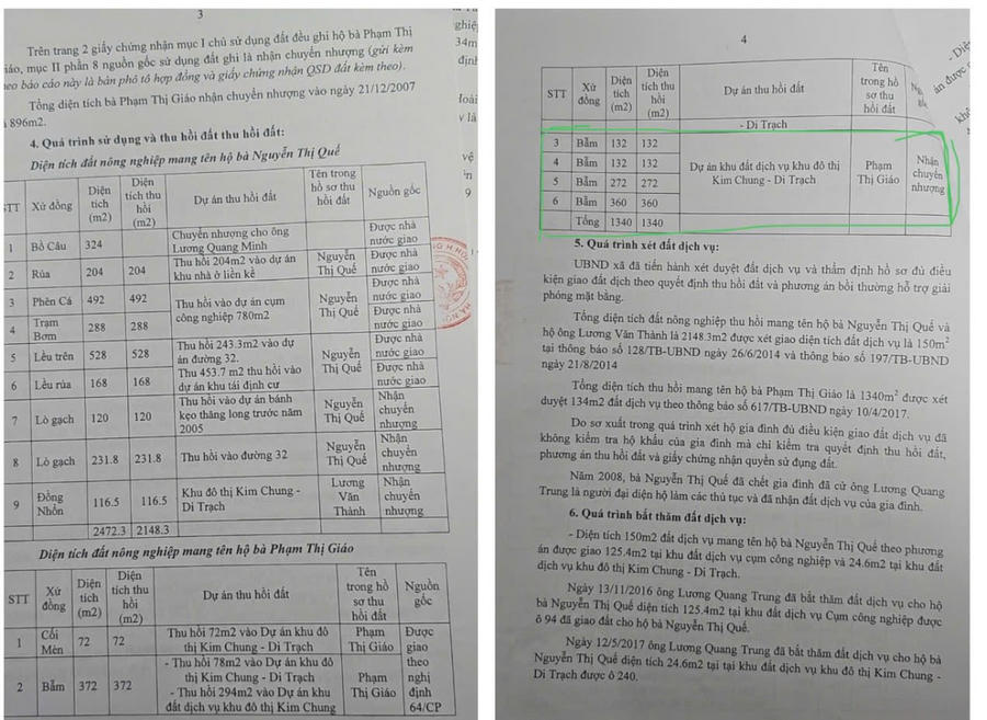Báo cáo của UBND xã Kim Chung về quá trình sử dụng và thu hồi đất làm KĐT Kim Chung - Hoài Đức tại trang 3 và trang 4 thể hiện rõ: Diện tích đất mang tên hộ bà Phạm Thị Giáo bị thu hồi tổng cộng là 1340m2.