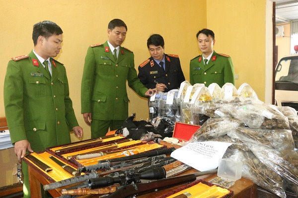 Hơn 20kg quả thuốc phiện cùng số lượng lớn vũ khí, tay gấu...được phát hiện trong nhà đối tượng.