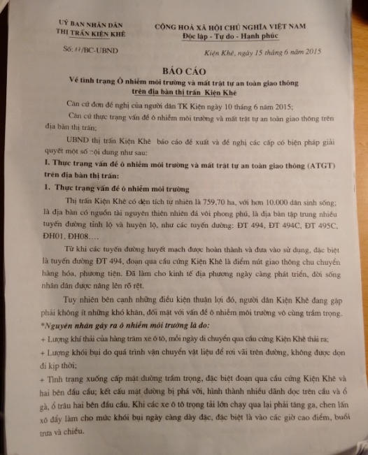 Báo cáo của UBND thị trấn Kiện Khê về tình trạng ô nhiễm môi trường.