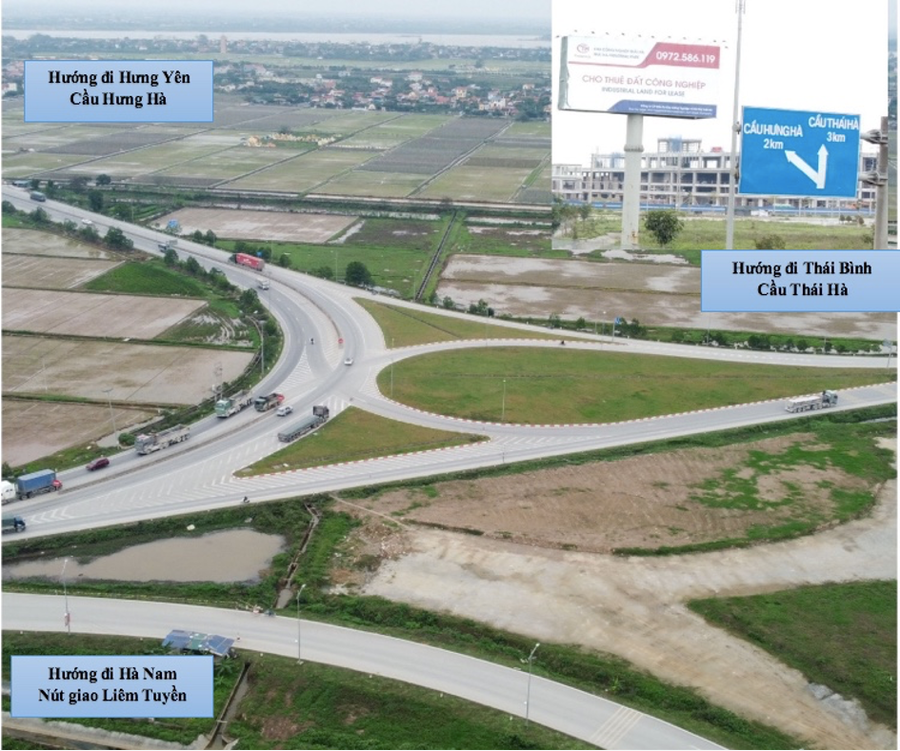 Nút giao Cầu Hưng Hà với tuyến đường cao tốc Hà Nội- Hưng Yên, Cầu Thái Hà kết nối đi Thái Bình, Hải Phòng. Tại đây, Khu công nghiệp Thái Hà với quy mô 200ha nằm ngay giao điểm liên kết các trung tâm kinh tế lớn vùng Đồng bằng Sông Hồng là một lợi thế giúp các Doanh nghiệp hoạt động trong Khu công nghiệp có thể rút ngắn thời gian, giảm tối đa chi phí vận chuyển nguyên vật liệu và xuất nhập khẩu hàng hóa. Đến nay, Khu công nghiệp đã thu hút được hàng chục nhà đầu tư với giá trị đầu tư hơn 250 triệu USD. (Ảnh: Trung Nghĩa)