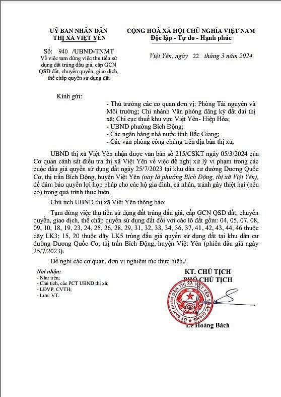 Thị xã Việt Yên tạm dừng giao dịch nhiều lô đất KDC Dương Quốc Cơ