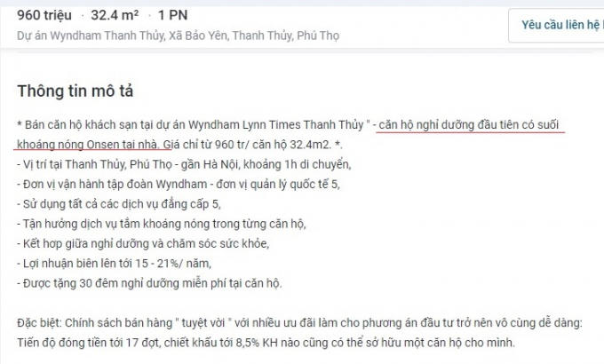 Thông tin quảng bá dự án nghỉ dưỡng Wyndham Thanh Thủy với nhiều ưu đãi. Đặc biệt là có suối khoáng nóng trên các trang website.