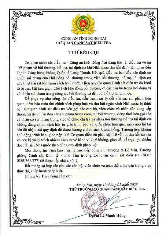 Thư kêu gọi của Công an Đồng Nai.