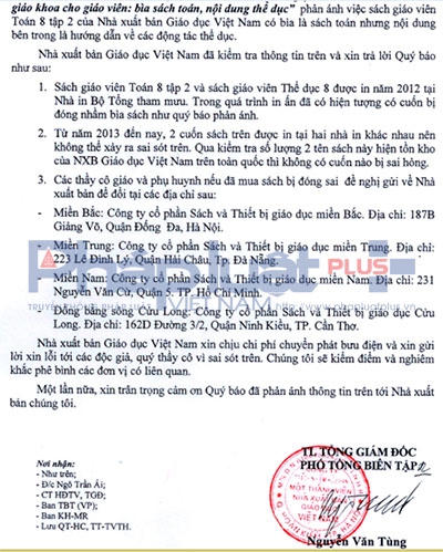 NXB Giáo dục Việt Nam đã trả lời Phapluatplus bằng văn bản.